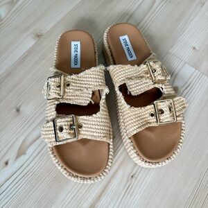 Women’s Steve Madden Beige Kerrigan Raffia Double Buckle Slides